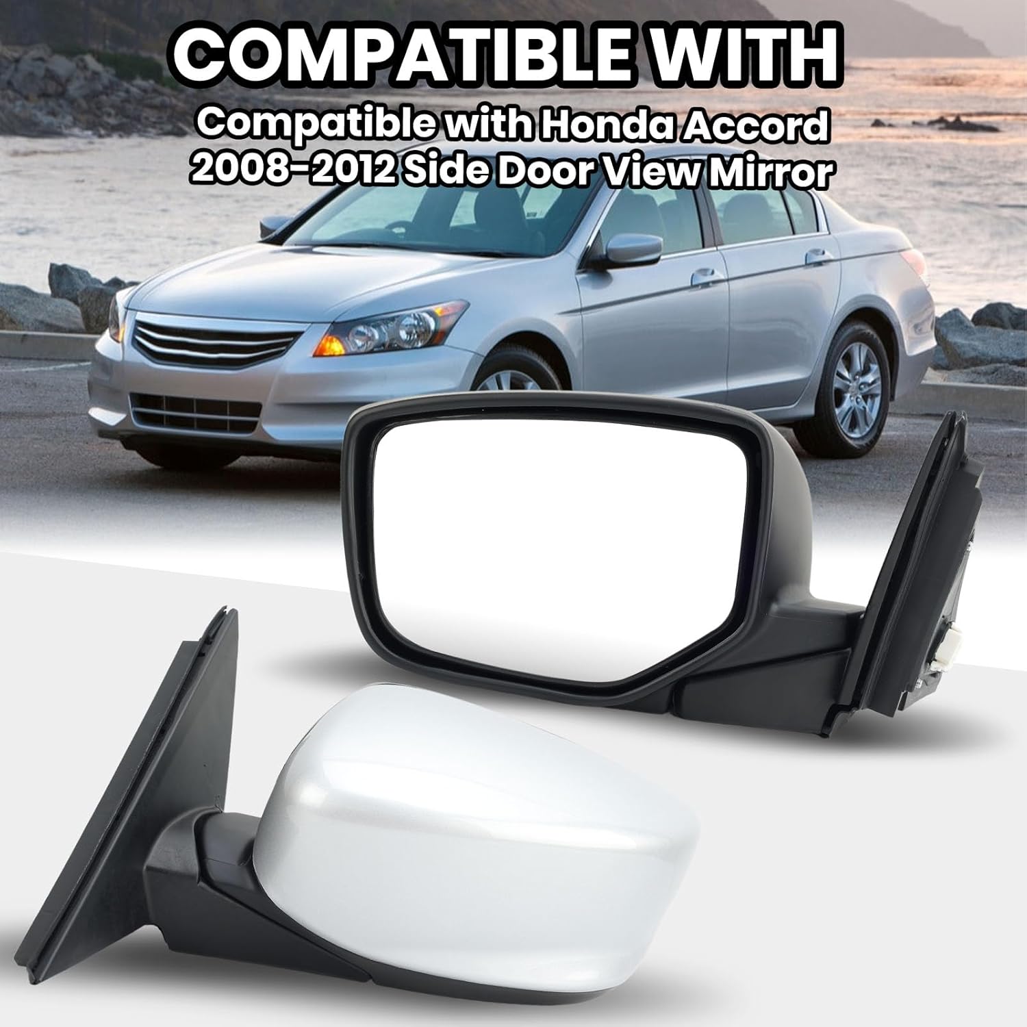 Driver Side Mirror Compatible with 2008 2009 2010 2011 2012 Honda Accord Rear View Mirrors with Power Glass Manual Folding Non-Heated Alabaster Silver Metallic 3 Pins Left