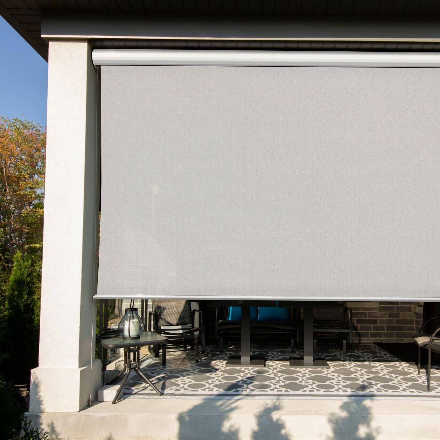 Motorized Outdoor Roller Shades | Exterior Roll Up Blind with White Casing and UV Protection | MultiShade Collection | 8' W x 10' L - Grey Screen