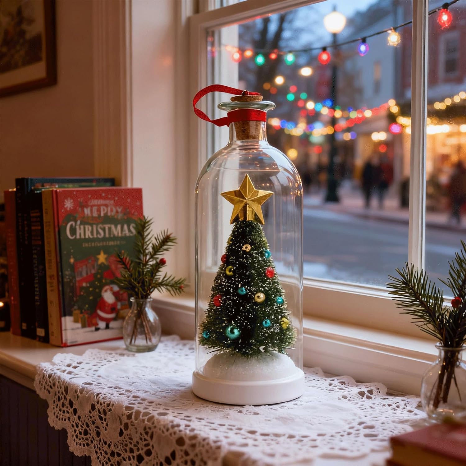 Recordable Christmas Tree Message in a Bottle Ornament, Voice Recording Holiday Keepsake with Playback, Snowy Scene Glass Bottle Decoration for Tree and Home (3, Green)