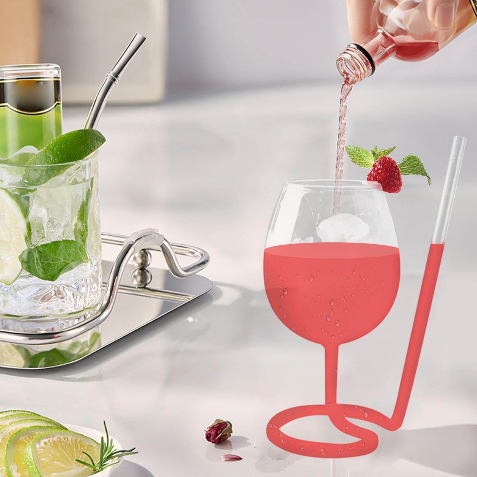 Hitzebeständiges Weinglas, dekorativer Cocktailglasbecher, transparenter Strohhalmbecher, Glasweinbecher mit Strohhalm, Cocktailbecher mit Strohhalm, Weinbecher, Cocktailglas für Saft