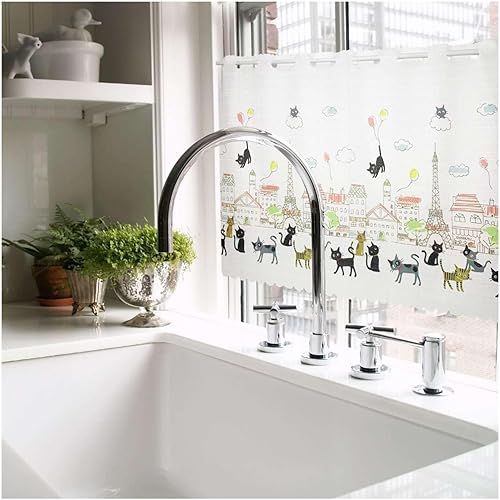 Miniatura 5 de Cortina de cocina para ventanas pequeñas, cortinas de 17.728.335.4 pulgadas, bonito patrón, semitransparente, privacidad del baño (gato París, 39.4