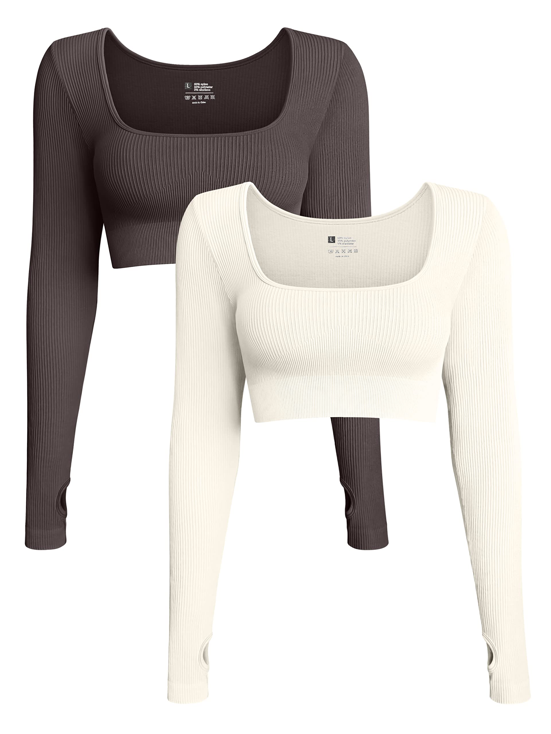 OQQ Women's 2 Piece Crop Top Ribbed Seamless Workout Exercise Long Sleeve Crop Tops