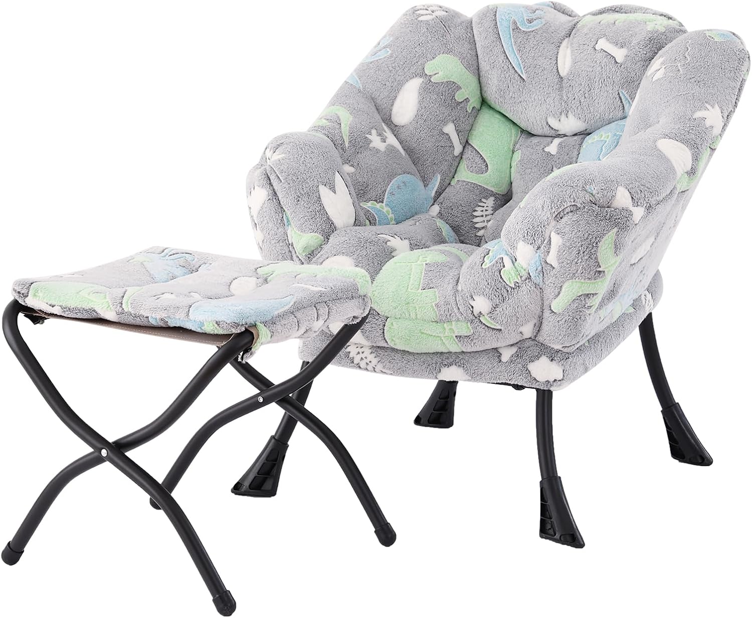 Welnow Toddler Kids Lazy Chair with Ottoman, Glow in The Dark Accent Comfy Lounge Children Armchair Couch with Removable Cover, Detachable Reading Chair with Footrest for Boy or Girl, Grey Dinosaur