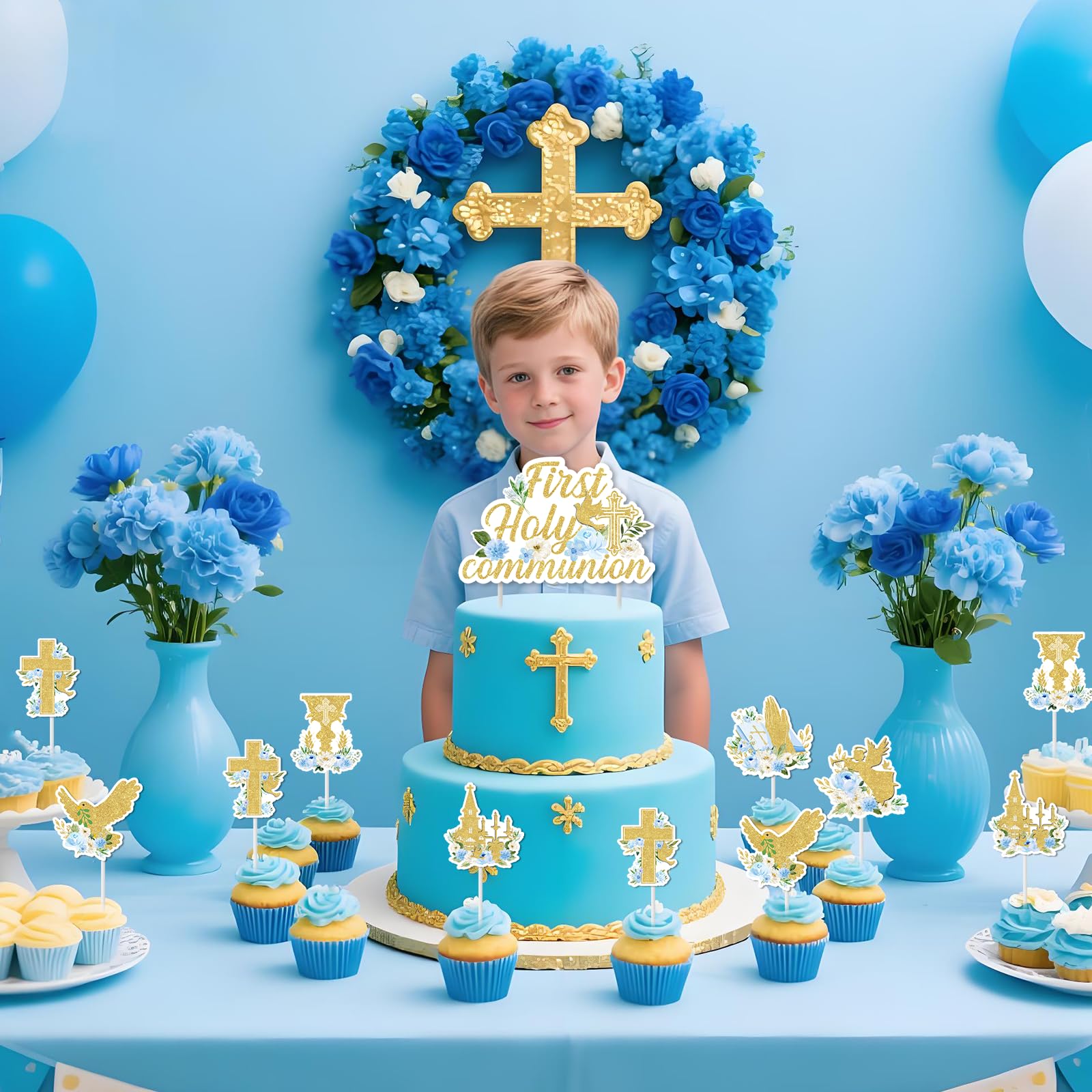 Jollyboom First Holy Communion Decorations for Boys Blue, 25pcs Holy First Communion Cake Cupcake Toppers Cross Dove Grail Cake Decor for Confirmation Baptism Christening Day Party Supplies - Image 3