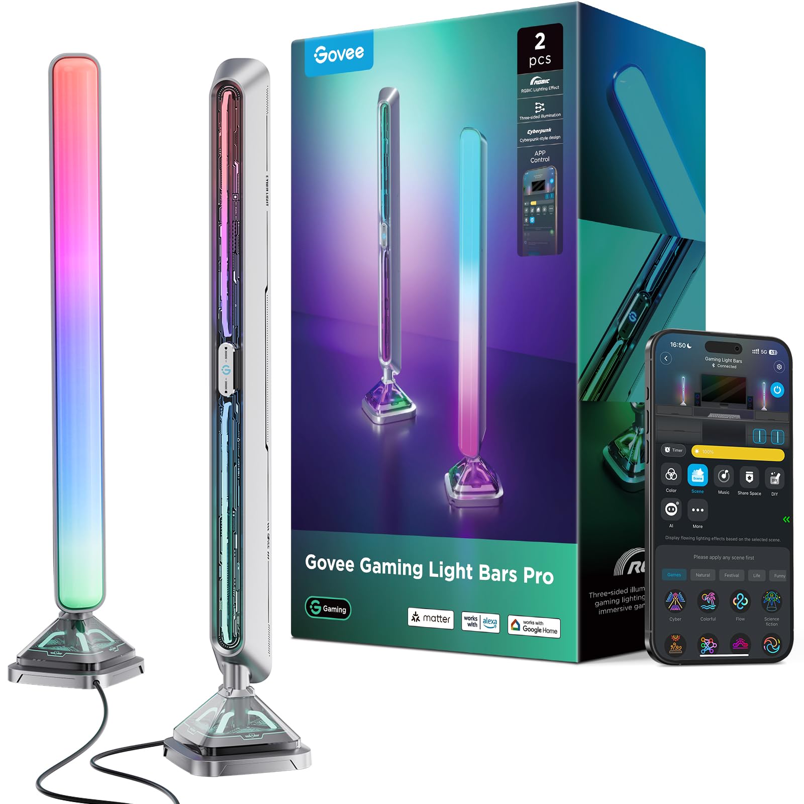 Govee RGBIC Gaming Light Bars, Cyberpunk LED Beleuchtung mit dreiseitiger RGB Ambient Light für PC, Monitor, Smarte WLAN & Bluetooth, 60+ Szenen, Kompatibel mit Alexa & Google Home, 2er-Set, Silber | Dreiseitiges RGB Licht für PC, Monitor, Smart-WiFi&Blue