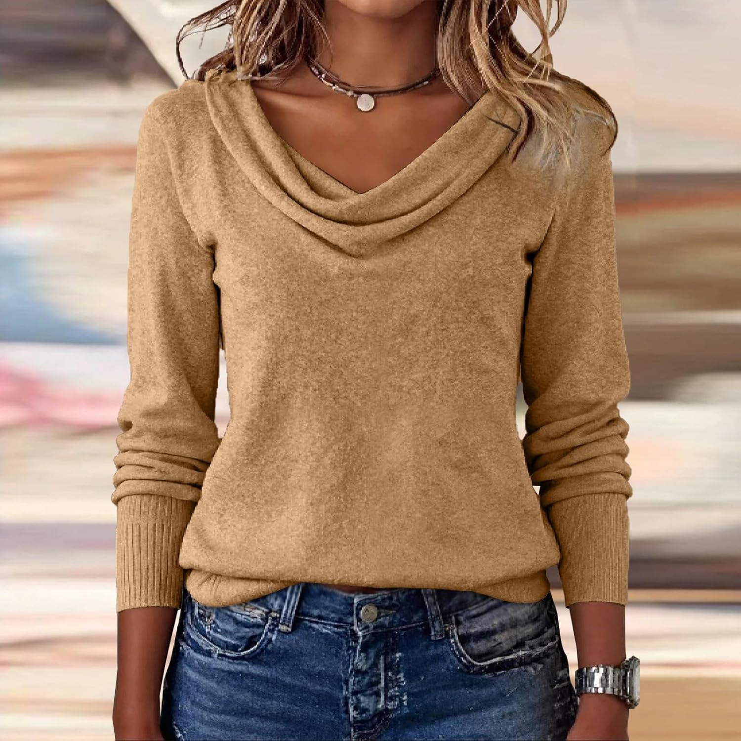 Cozy Cowl Neck Cashmere Sweaters for Women Casual Lightweight Ladies Long Sleeve Dressy Knit Soft Pullover Wool Cotton Sweater Tops Warm Cute Fall Winter Plus Size Khaki Christmas Outfits - Image 3