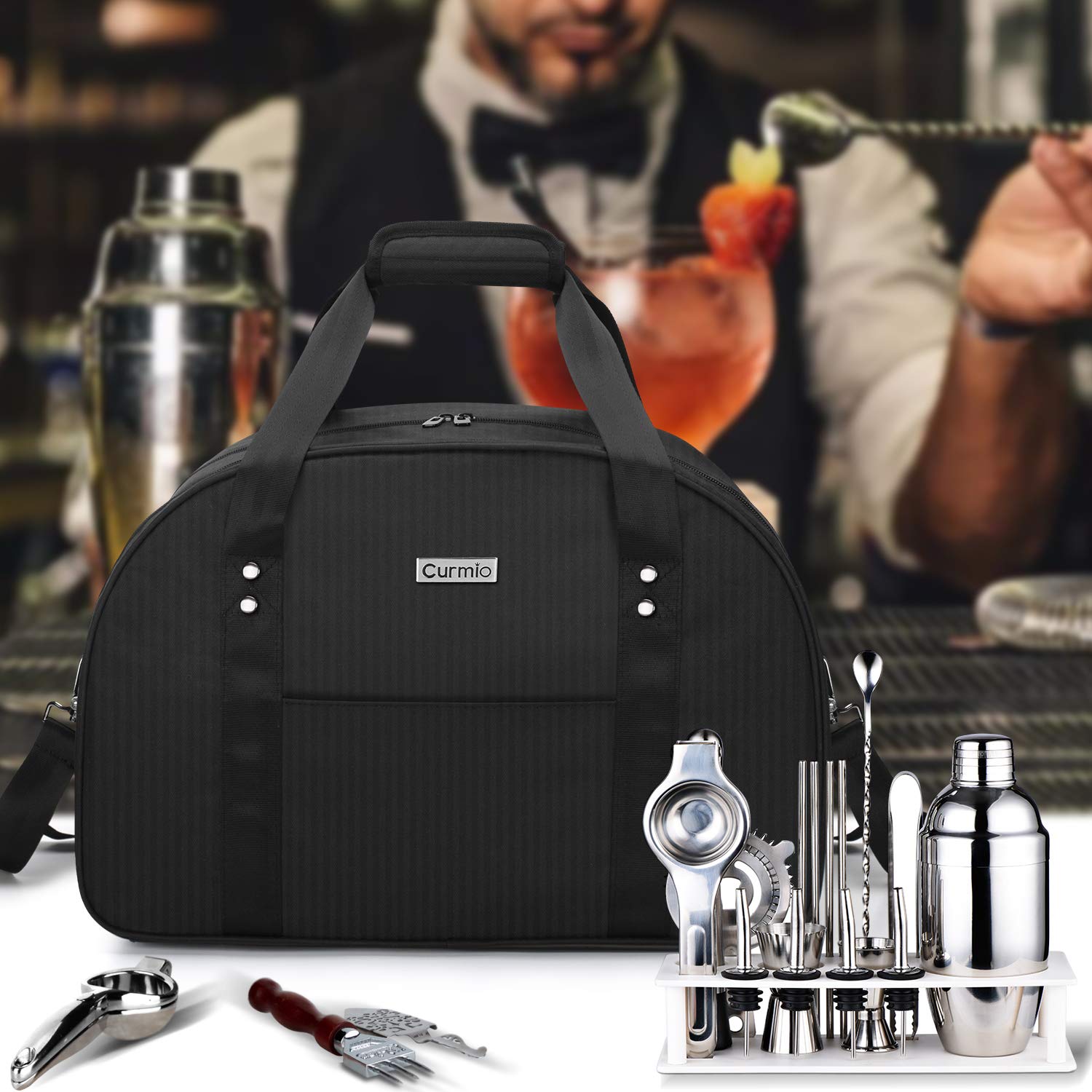 CURMIO Cocktail Sets Aufbewahrungstasche, Barkeeper Tasche, Tragbare Reisetasche für Cocktailmixer Set, Cocktail Shaker, Eiszange, Rührlöffel und Korkenzieher, (LEERE TASCHE), Schwarz