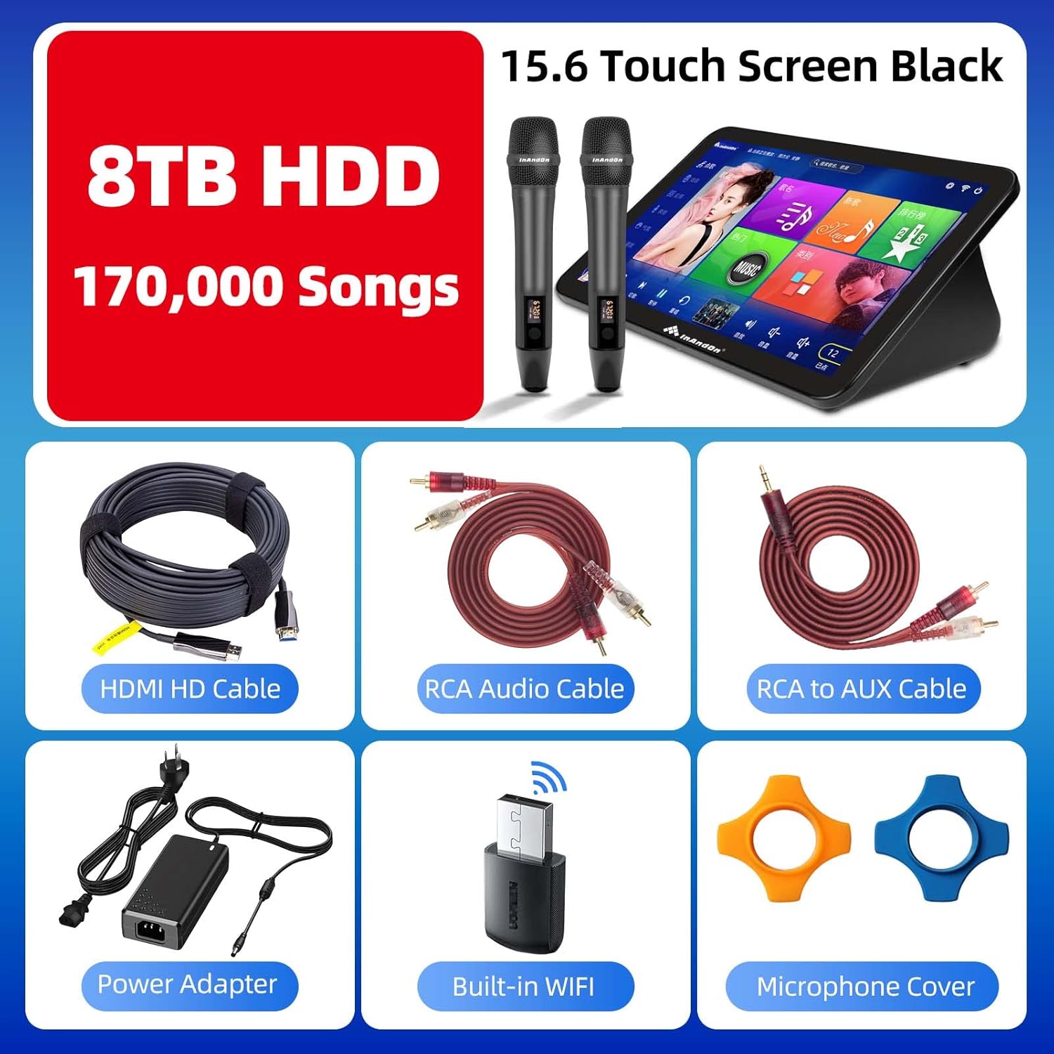 Inandon 2022 New Karaoke Machine,15.6 Touch Screen Phone App Control Free Cloud Download Songs All in One Karaoke System with Microphone KTV Singing Chinese Karaoke Player for Home Party,8T,Black