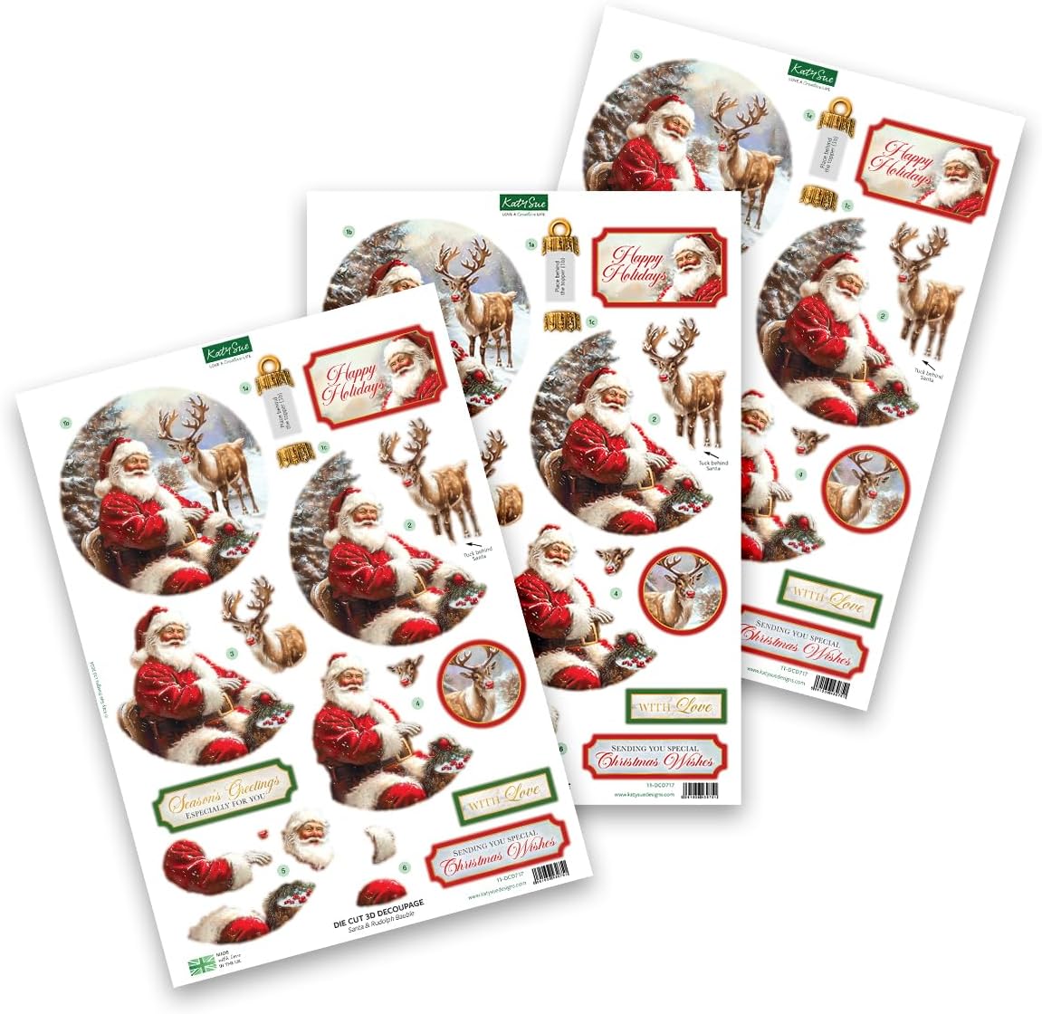 Katy Sue Joyful Christmas 3D Die-Cut Decoupage Pack. 24 Pre-Cut Festive Die Cut Decoupage Paper Sheets for Christmas Card Making Supplies Featuring 8 Different Designs