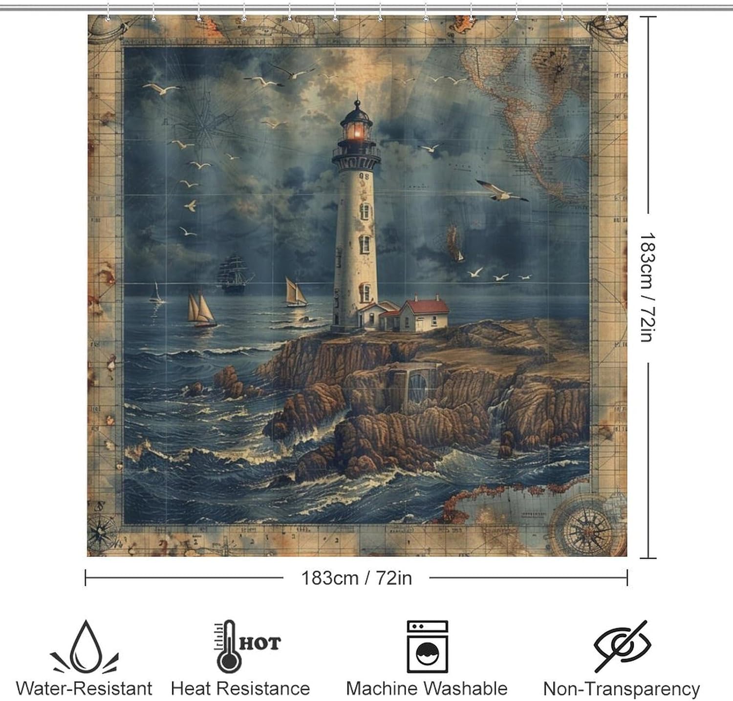 4Pcs Nautical Lighthouse Sailboats Shower Curtain, Compass Ocean Island Shower Curtain Sets with Toilet Lid Cover, U-Shaped Mat and Non-Slip Rugs, Bathroom Decor Set, 72" x 72"