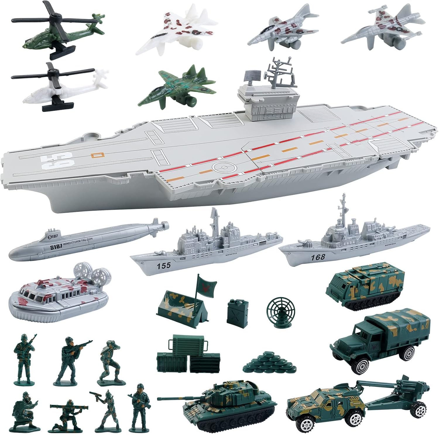 deAO Aircraft Carrier Toy with Scale Model Warplanes Warships Military Vehicles Battleship Helicopter Planes Trucks Tank Army Men Toys for Kids Boys Girls 18 Inches