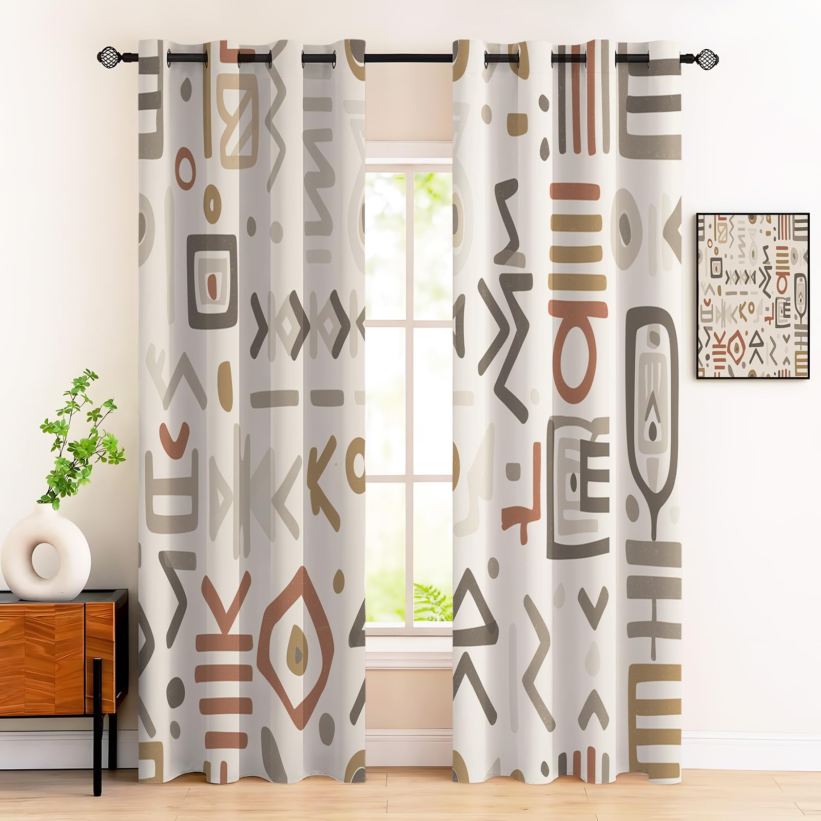 Rideau Artistique Africain Beige Formes Géométriques Rideaux Haut de Gamme