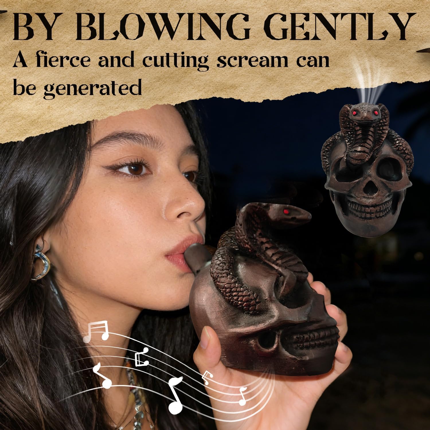 Screaming Aztec Death Whistle, Loudest 125+ Decibels, Authentic Human Sounding Screams Death Whistle Easy Blow Aztec War Whistle-Skull and Serpent Design