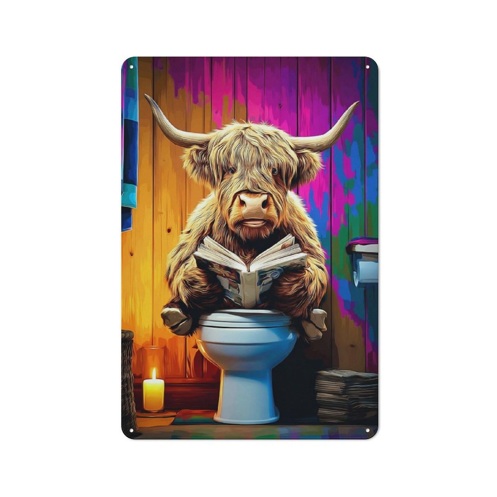 Junmoney Highland Cow Reading On The Toilet -2 Tin Wall Plaque 30X20cm With For Home Office Or Studio, For Home Office Decor Fans