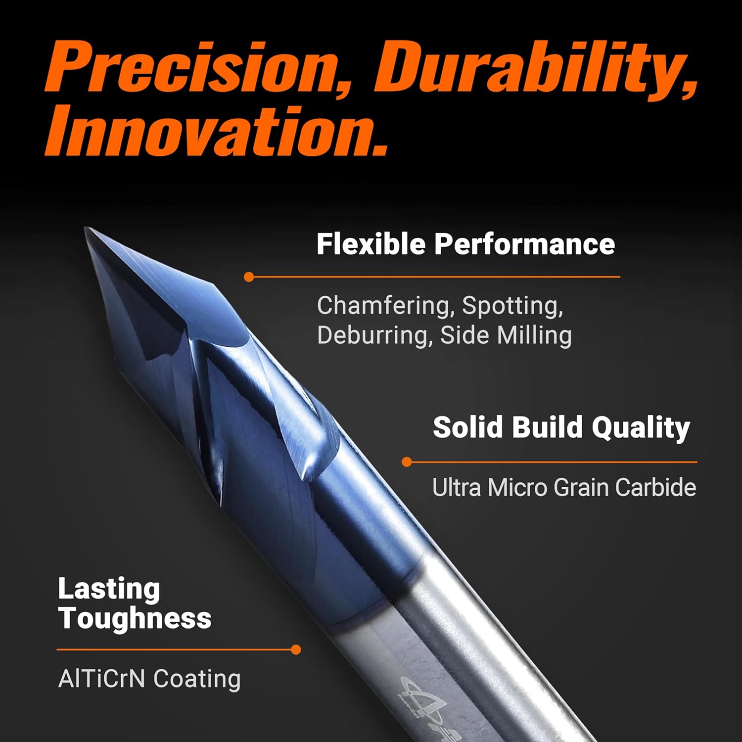 ACCUCUT Chamfer End Mill - 90 Degree, V Groove, 3/8” Carving Bits for Alloy Steel, Aluminum, Wood - I2DMS 2 Flute Carbide End Mill for Chamfering, Deburring, Spotting & Side Milling - AlTiN Coating