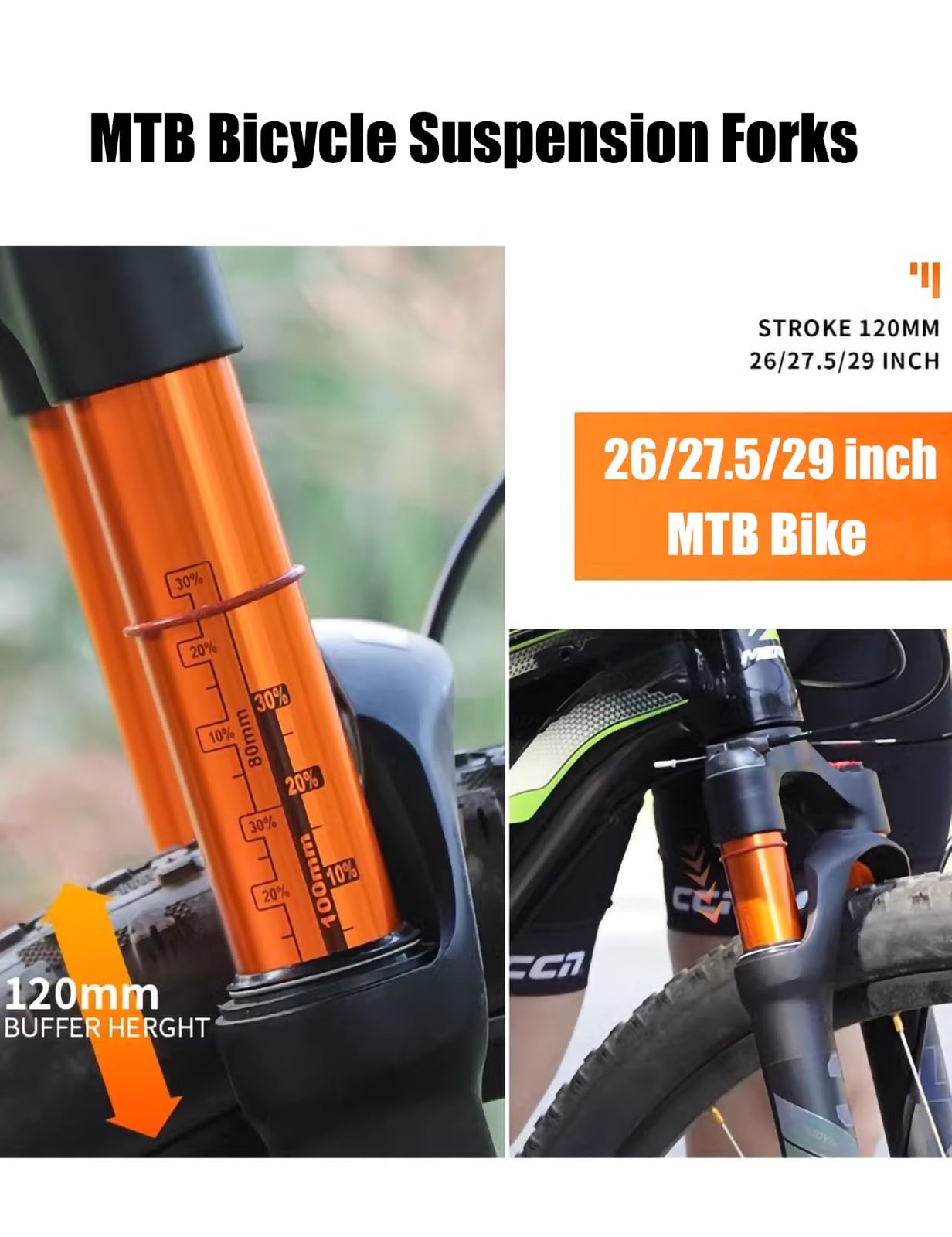 Widelec amortyzowany MTB 26/27,5/29, amortyzator ze stopu aluminium, podróż 120 mm, 28,6 mm prosta rura/stożkowa, ręczna blokada podróży, 9 mm QR XC przedni widelec do roweru górskiego