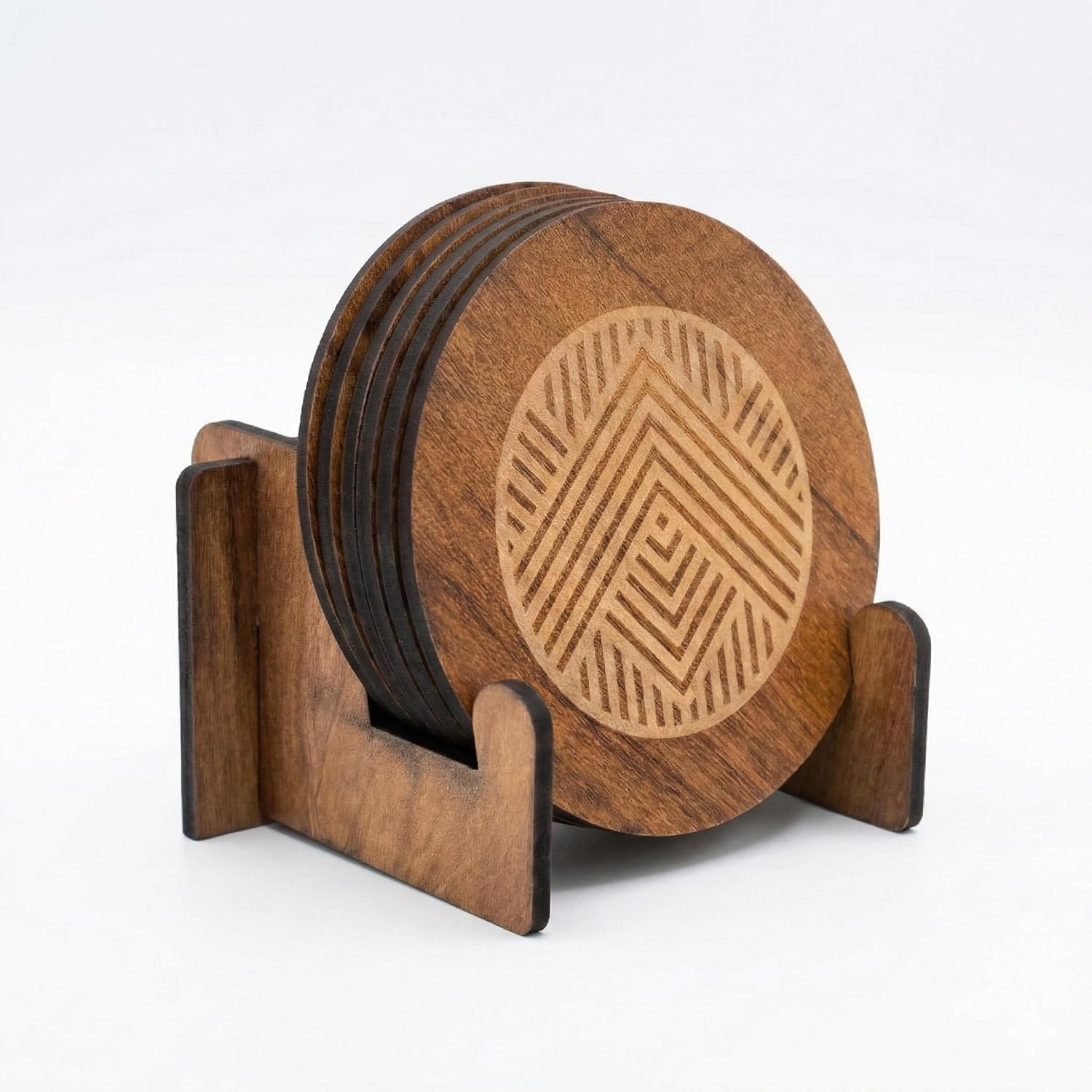 Wooden Coasters Set of 6 with Holder | Heat Resistant Drink Coasters for Table Protection | Tea Coffee Cup Coaster for Dining Table & Office Desk (Made in India)-image-41