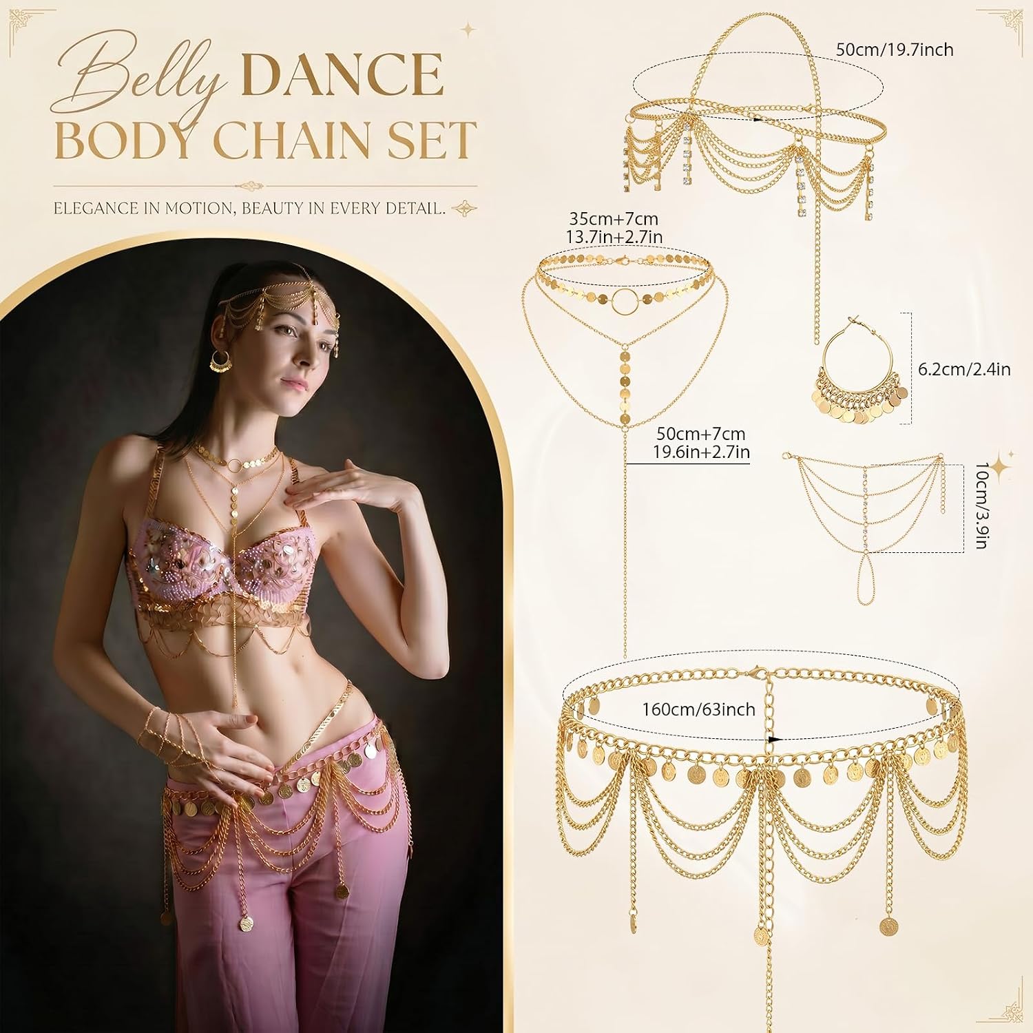 Quelay 5 Pcs Belly Dance Jewelry Set for Women Gold Head Chain