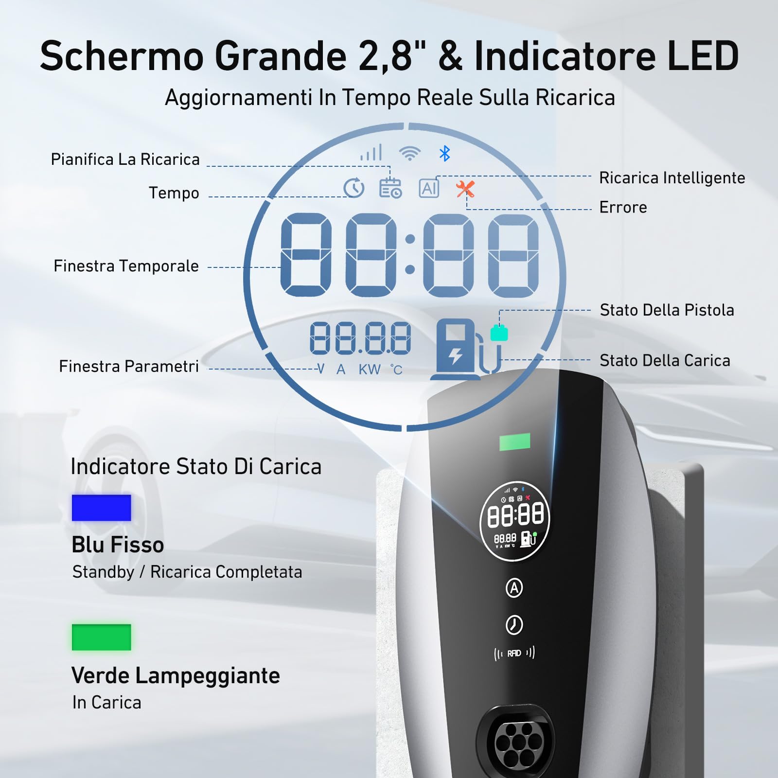 Evjuicion Wallbox 7,4 kw Tipo 2 | 6A-32A | 0-12H | Monofase Colonnina Ricarica Auto Elettrica Rapida con RFID e Display LED Stazione di Ricarica Veicoli Elettrici con 5 Metros Cavo Tipo 2