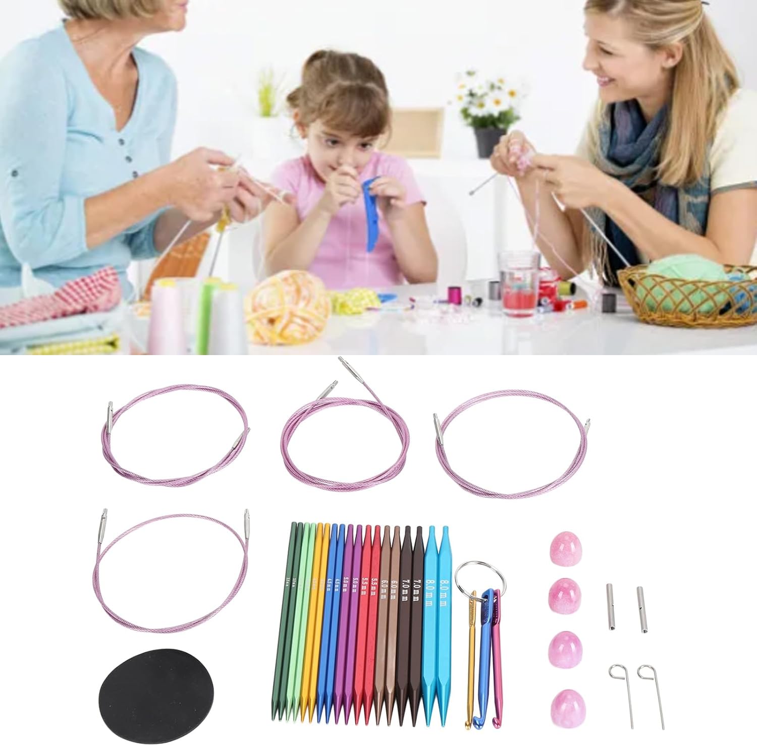 Ergonomic Aluminum Circular Knitting Needles Set, 9 Pairs with Flexible Cables, Clear Size Markings for Small Projects