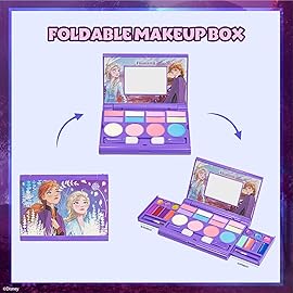 Disney Frozen All-in-One Kids Cosmetic Compact Set Includes Washable Lip Gloss, Eye Shimmer, Cheek Shimmer, Brushes Colorful Portable Beauty Set for Girls, Kids, and Toddlers Ages 3+ by Townley Girl