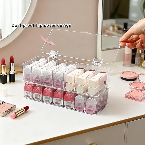 Miniatura 4 de Paquete de 2 organizadores de maquillaje acrílico transparente, organizador de baño de 7 secciones para cajón, vitrinas de cosméticos con tapa,