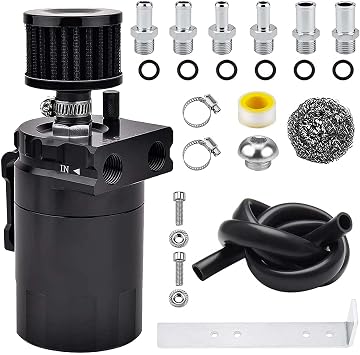 Universal Baffled Oil Catch Can 400ml Aluminum Polish Oil Separator Catch Can Kit Reservoir Tank with Breather Filter & 3/8" Fuel Line/6 Fittings/Necessary Accessories,Black