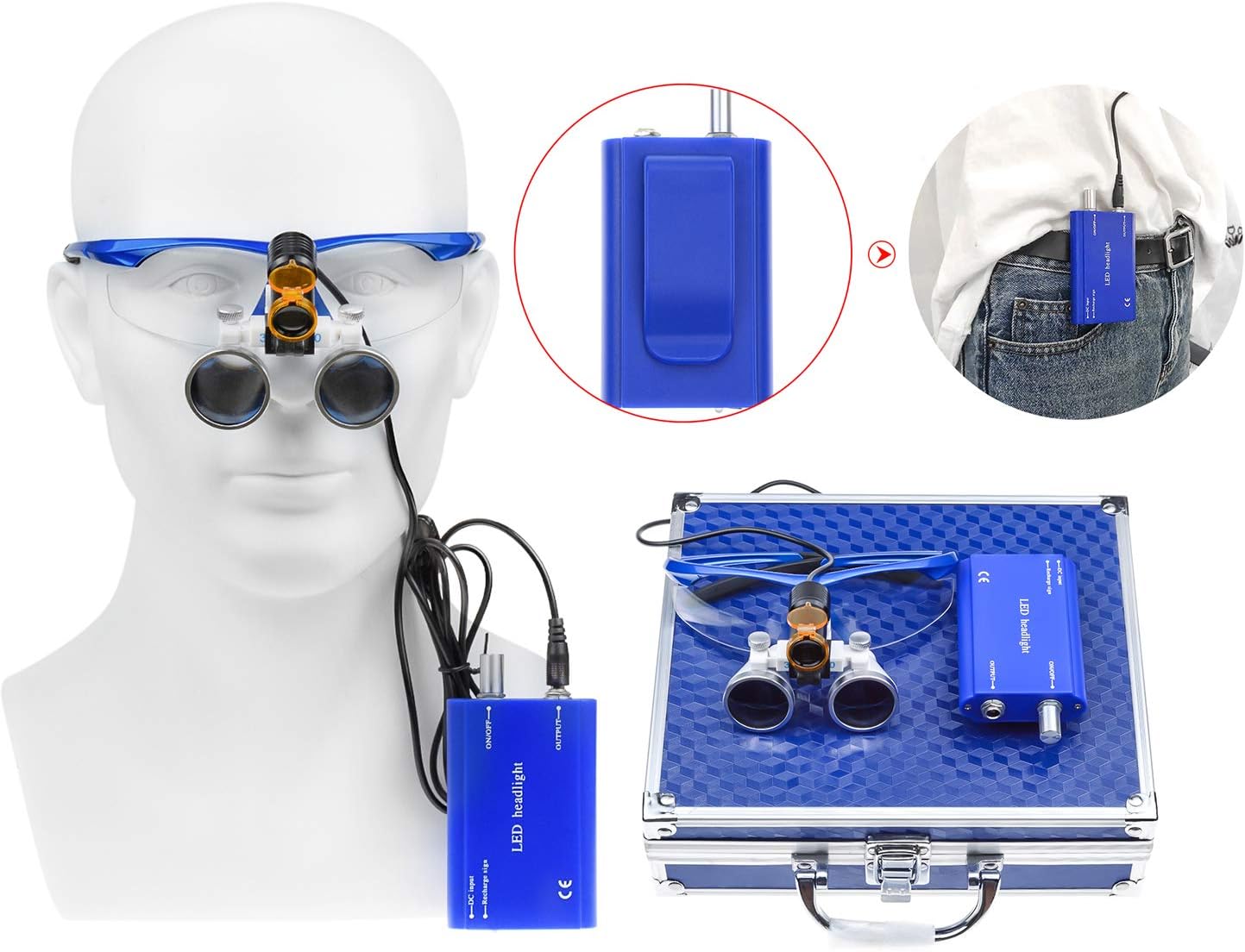 3.5×420mm Loupe Optical Glasses Magnifier Glasses with 5W LED Headlight Lamp + Aluminum Box (Blue)