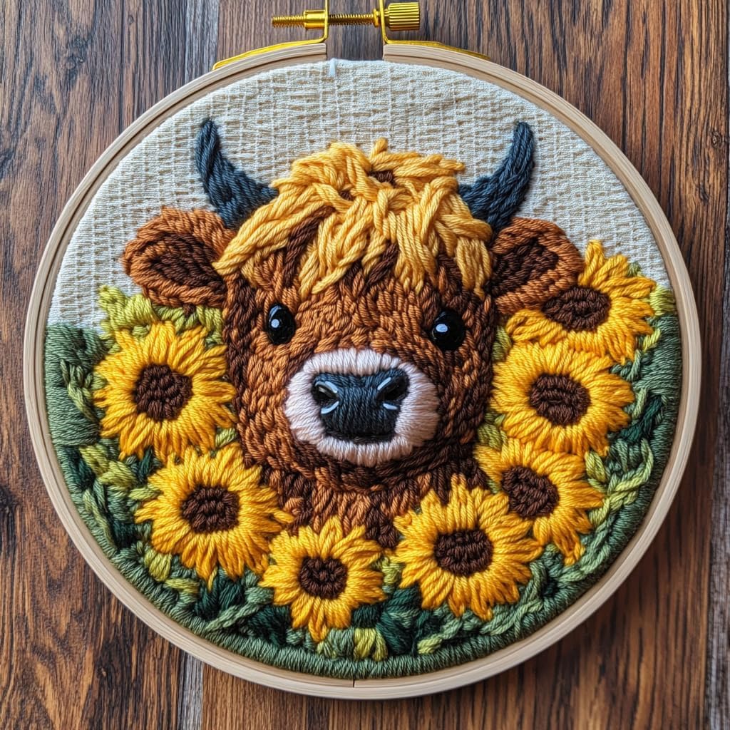 DIY Punch Needle Kits Cute Highland Cow in Sunflowers Easy for Beginners Punch Needle Embroidery Set for Craft Lovers with Printed Pattern and Hoop for Home Decor 20x20cm-7
