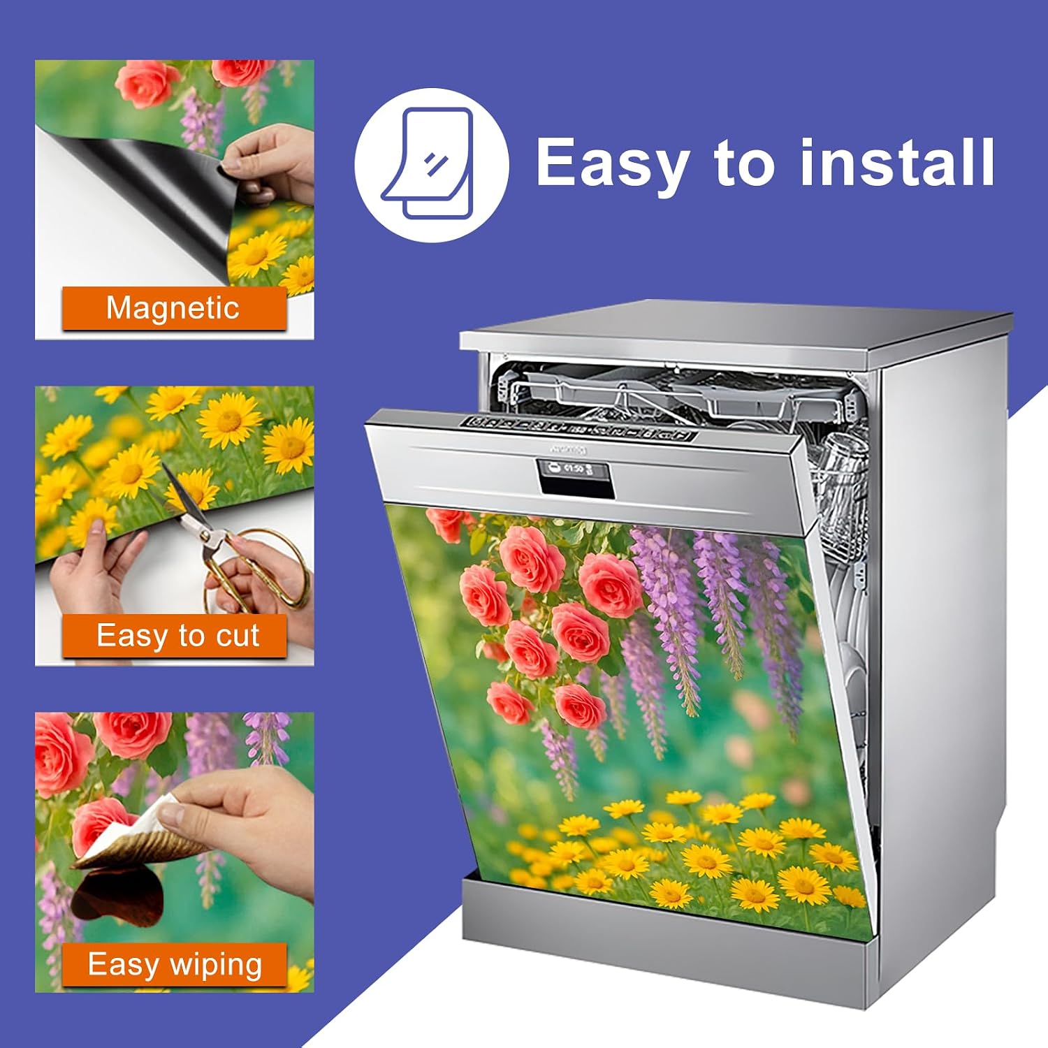 HOMETITUTE Dishwasher Magnet Cover 23x26 in Floral Roses and Wisteria Magnetic Dishwasher Cover for Kitchen Appliance Decoration Front Panel Sticker Rustic Art Skin Panel Home Decor Decal