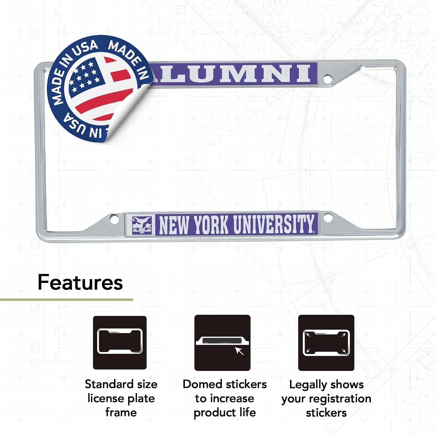 Desert Cactus New York University License Plate Frame NYU Metal Car Tag Holder and Sticker for Front or Back of Car Officially Licensed (Sticker Frame Combo - Alumni)