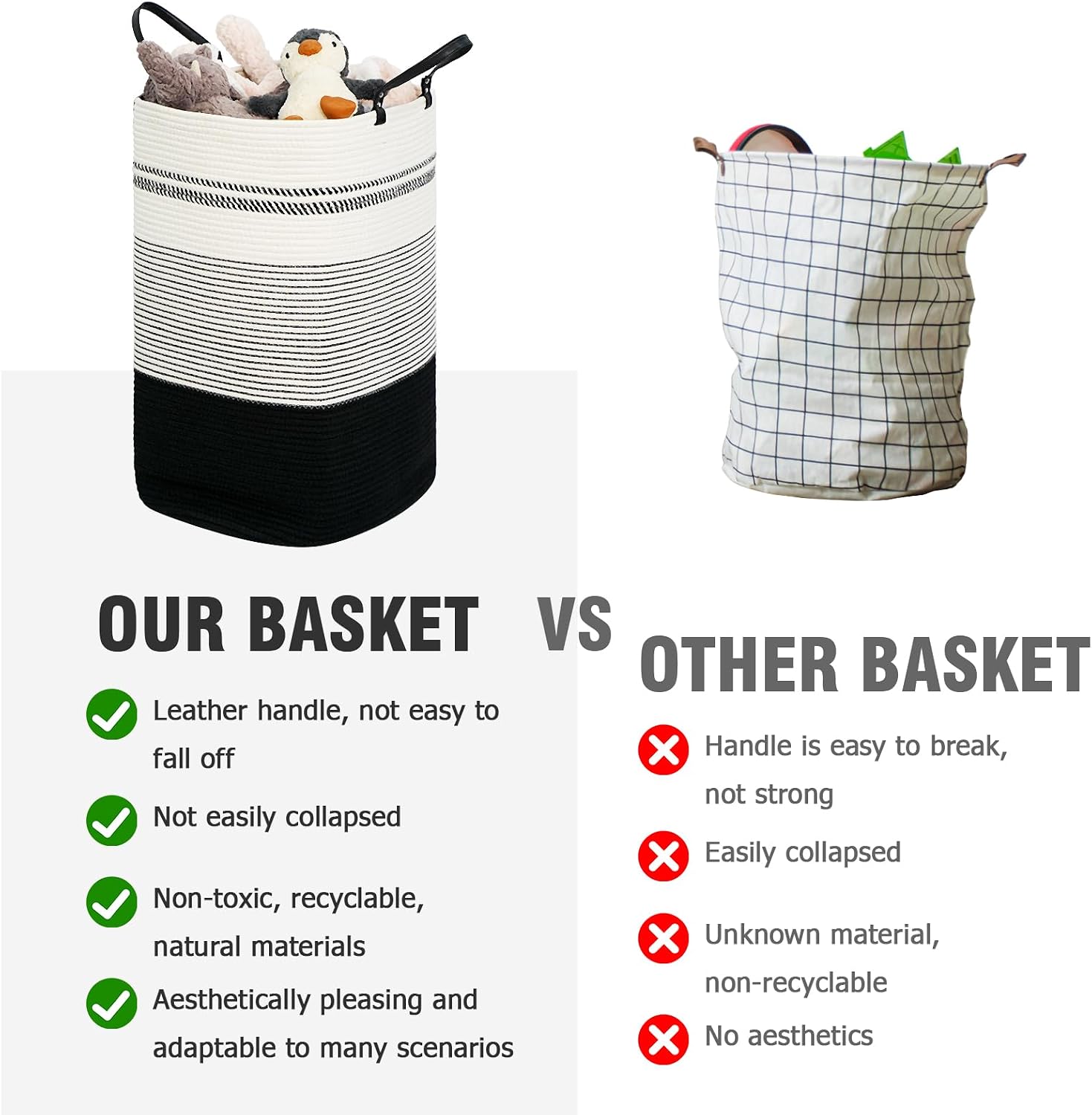 danpinera 100L Nursery Hamper, Tall Woven Laundry Basket with Long Leather Handles, Boho Laundry Hamper for Living Room & Bedroom, Eco-friendly & Convenient Decorative Storage Basket, White & Black image 5