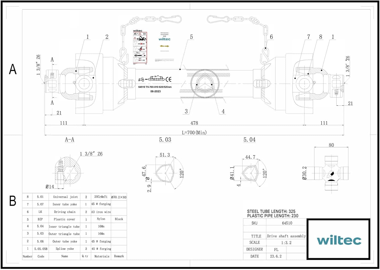 Detailed technical drawing of the WilTec T5 PTO Shaft, including precise measurements, a parts list, and material specifications.