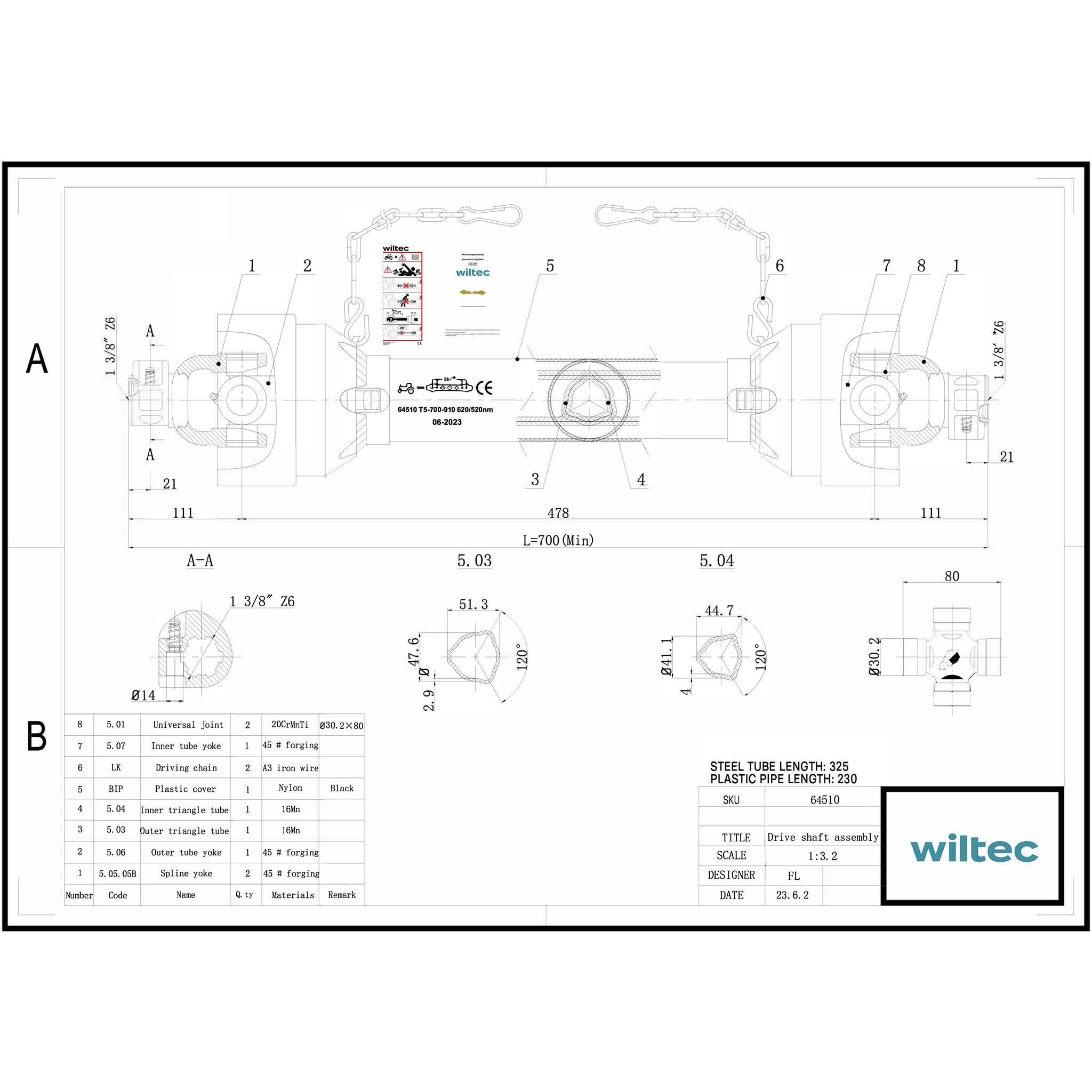 WilTec Arbre de Transmission T5 Cardan 700mm 620Nm 540 TR/Min 54kW (74CV) 2X 1 3/8" 6 Dents Prise Force