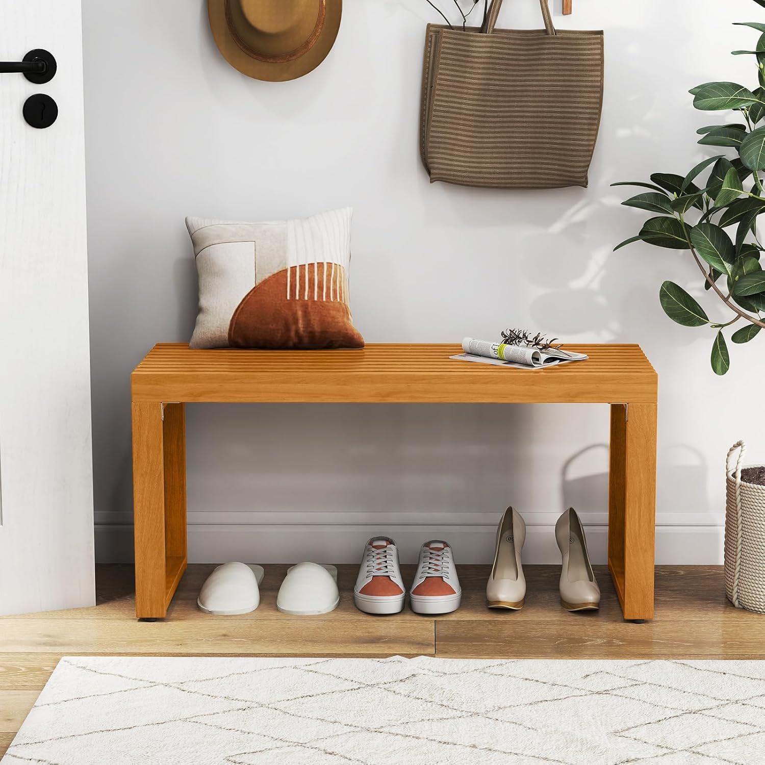 Tangkula Patio Acacia Wood Bench, 36” Outdoor All-Slat Wood Bench for 2 People, 800 lbs Capacity, Outdoor Backless Seating Furniture for Park, Garden, Yard, Porch (1,Teak)