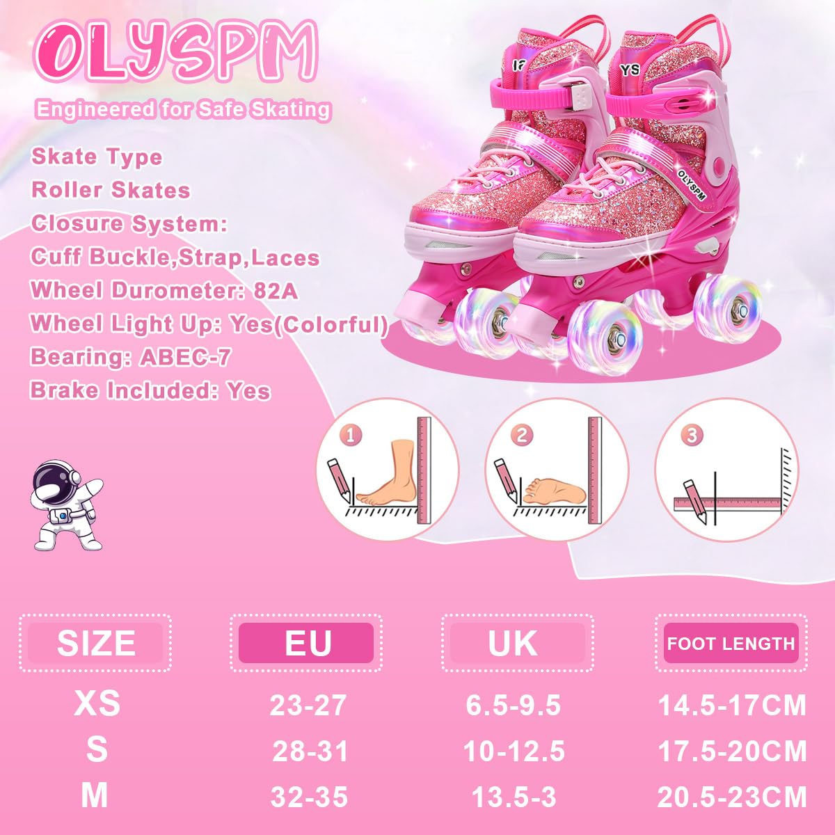 Roller Enfant Fille,Empeigne Fluorescente,4 Taille Réglable,Patin a Roulette Fille avec 8 Roues Lumineuses de Rangement pour Enfants,Adolescents,Débutants