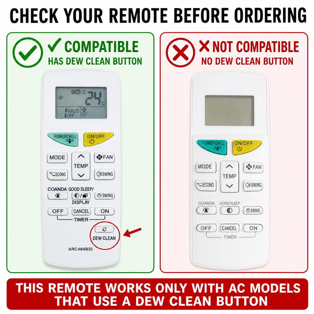 Remote Control for DAIKIN AC ARC484B32 (No Backlight) with Dew Clean Function Model 132L Suitable for Split/Window AC (Match with Your Old Remote for Exact Buttons) — Amazon image 2