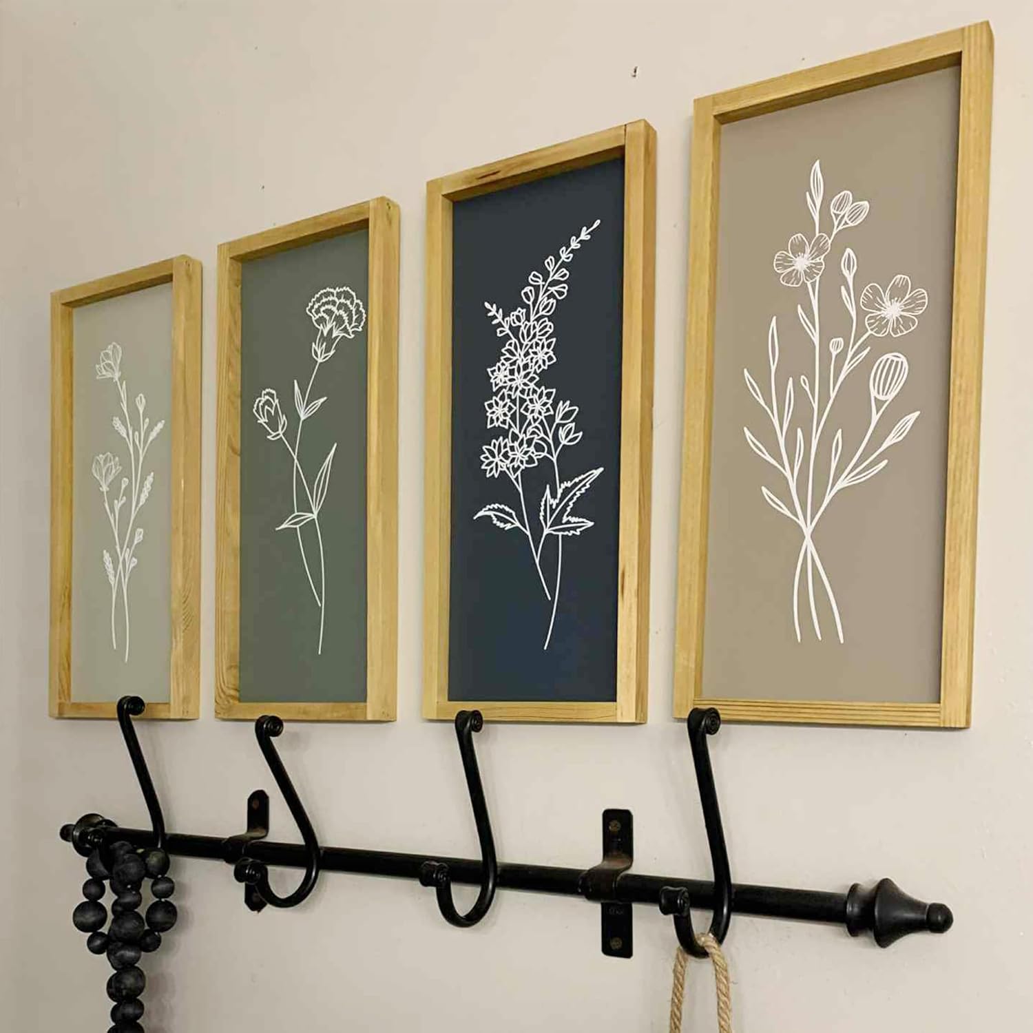 LITIVY Wooden Framed Floral Boho Wall Art Set of 4 Rustic Minimalist Botanical 16”x7” Farmhouse Bathroom Living Room Wall Decor (Naturals)