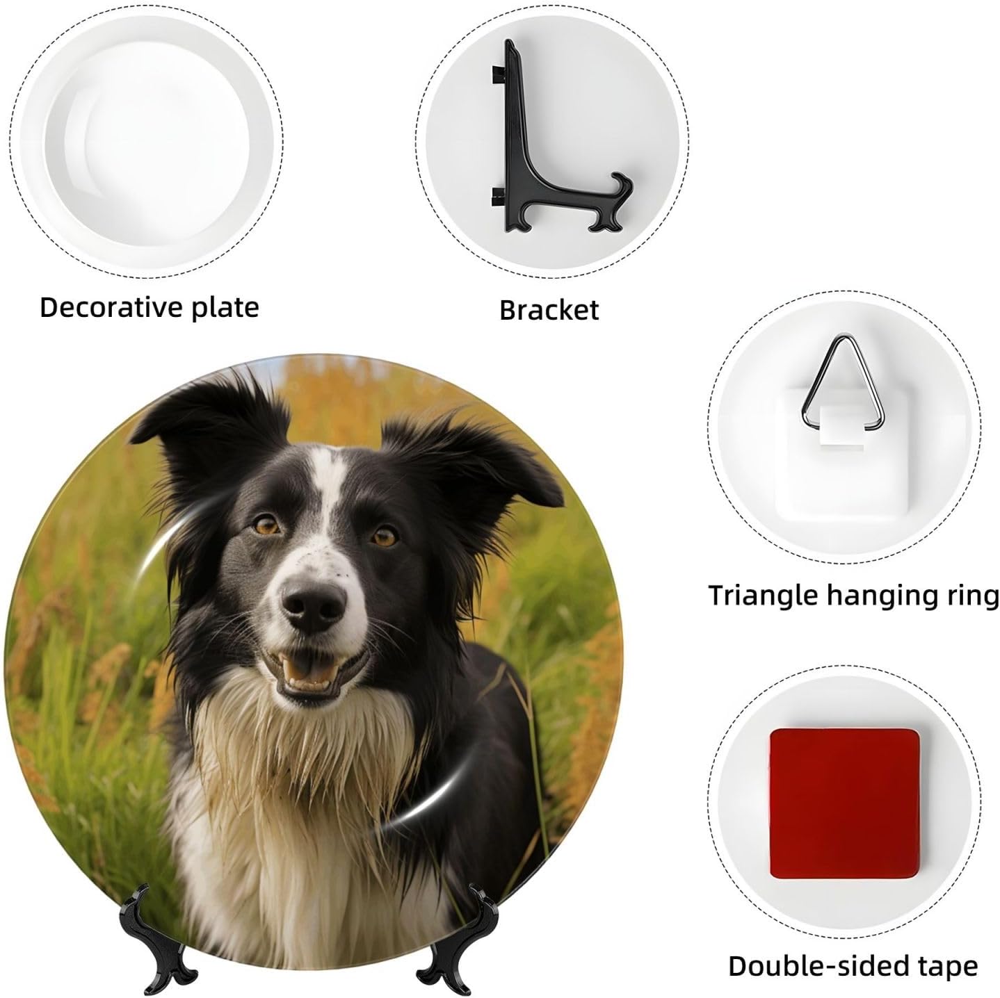 Bone China Decorative Plate with Display Mohado Border Collie Dog Ceramic Plates Crafts Art Decor Dessert Plate Ceramic Ornament Porcelain Plates for Living Room Kitchen Table Home Decor