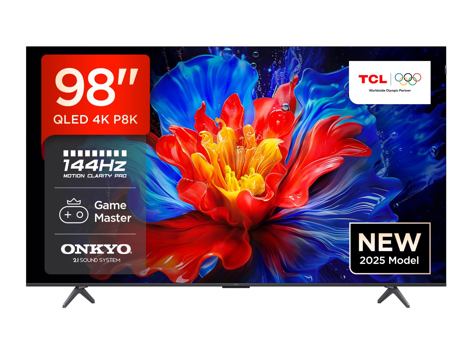 TCL98P8K-UK 4K Ultra HD QLED Smart TV, 144Hz Gaming, Dolby Vision HDR10+, Google TV with BBC iPlayer, Onkyo 2.1 Dolby Atmos Sound