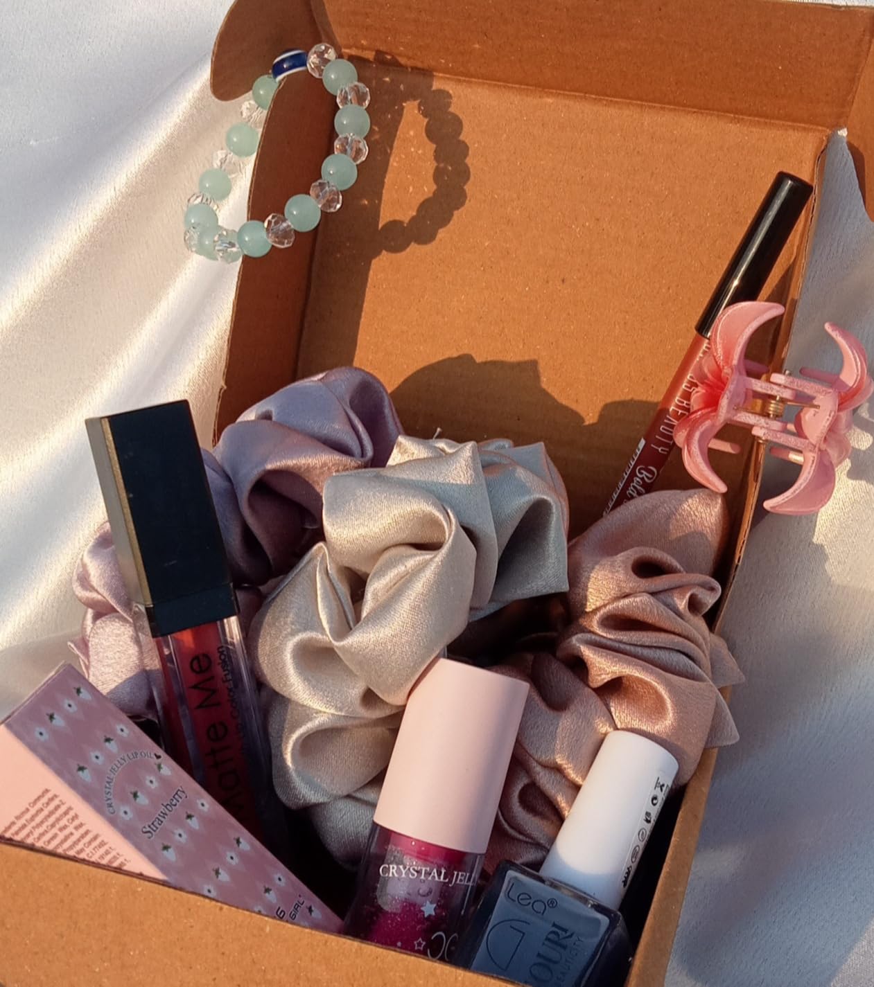 Beauty & Hair Accessories Hamper for Girls and Women consists of 3 scrunchies | A Claw clip | matte liquid Lipstick | lip gloss | lipliner | Bracelet | Nail polish-picture-43