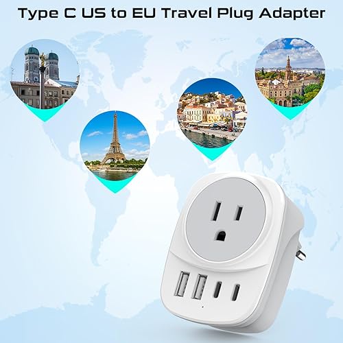 Miniatura 5 de Adaptador de enchufe de viaje europeo de 20 W, 2 puertos USBC y 2 puertos USBA, cable tejido USB C a USB C de carga rápida de 60 W, enchufe de