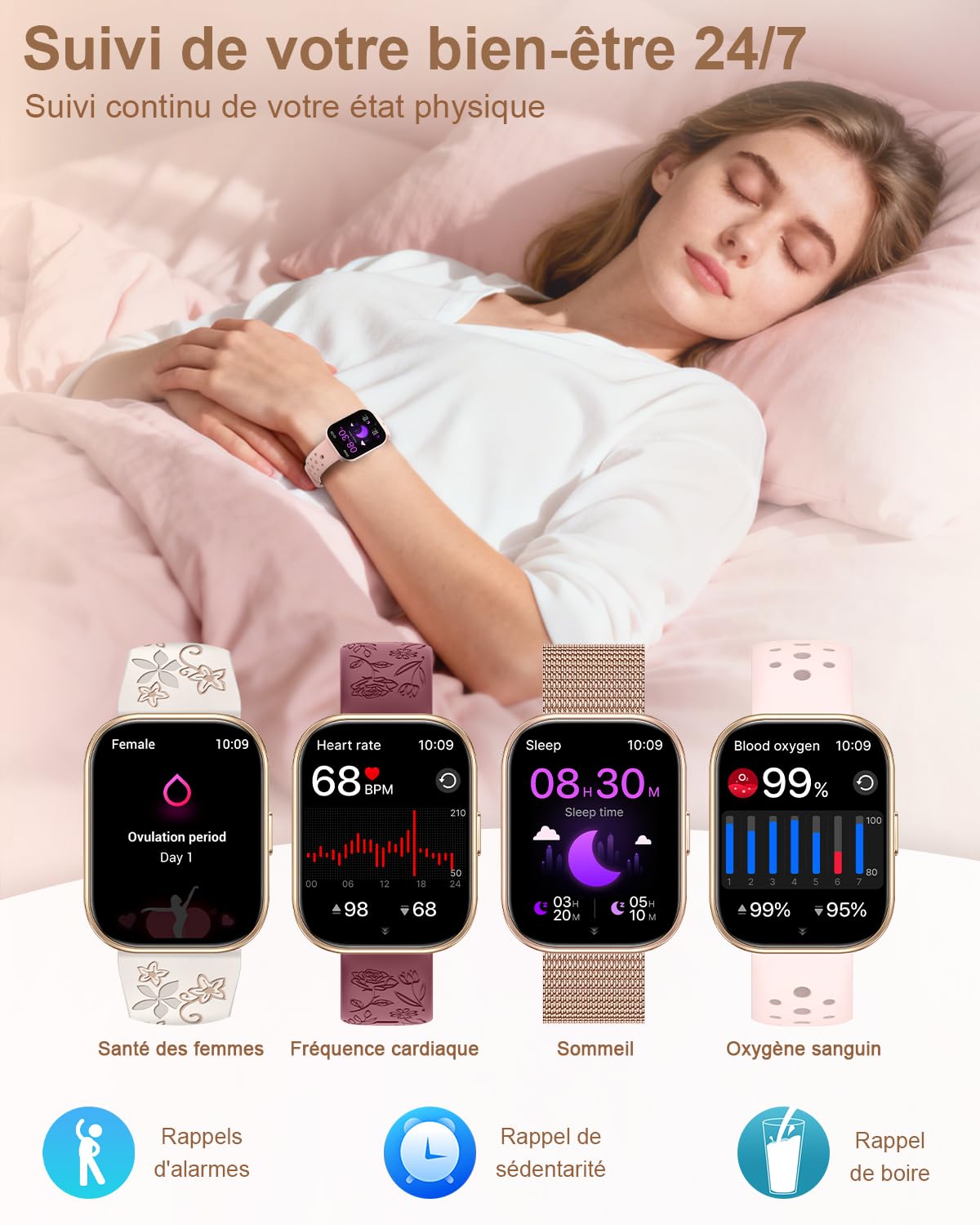 Montre Connectée Femme avec 4 Bracelets Appel Bluetooth 1.75" Smartwatch Femme pour iPhone Android Fonction Féminine Podomètre Fréquence Cardiaque Sommeil SpO2 100+ Sport Montre Intelligente, Or rose