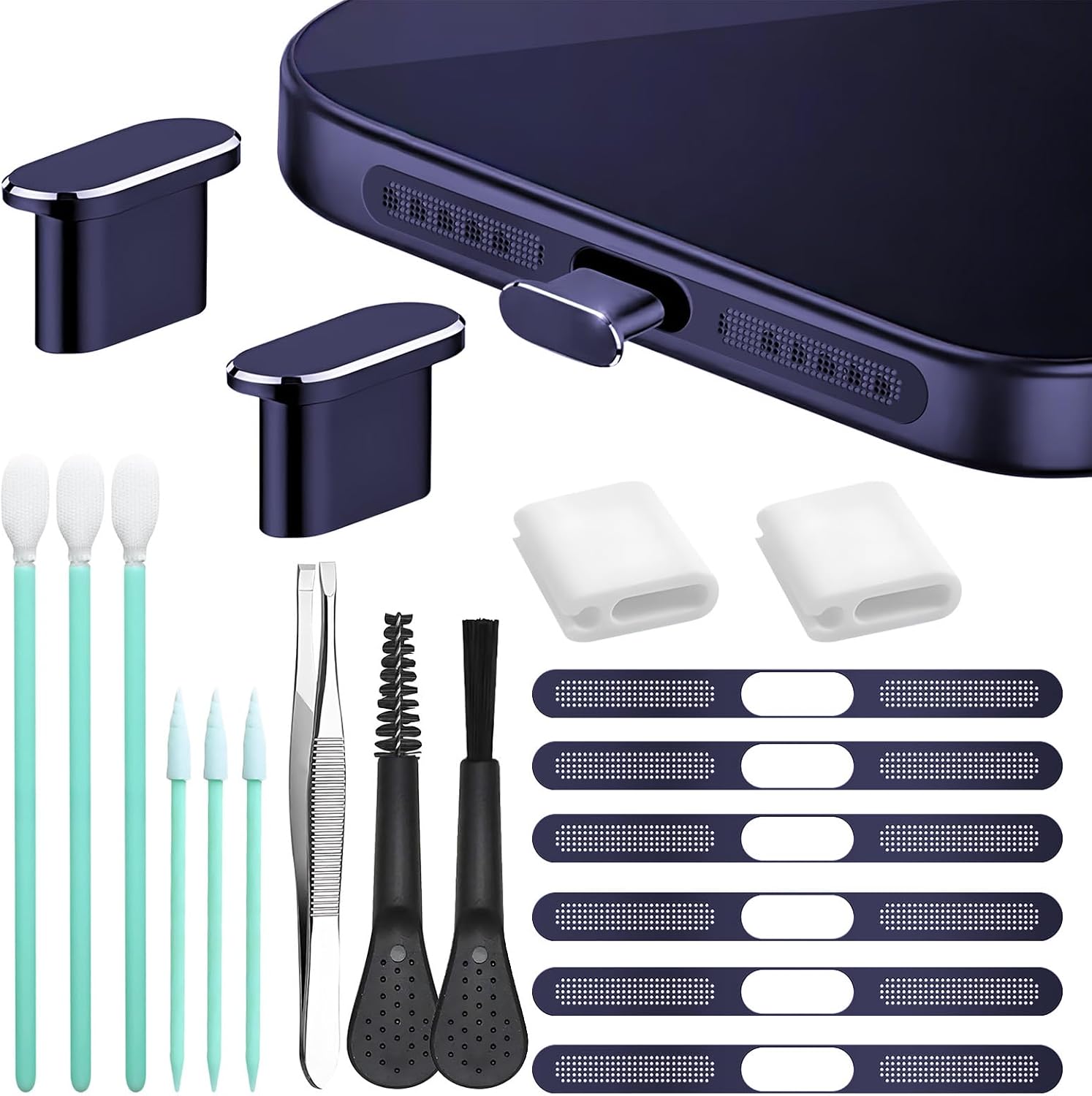 Mobile Phone Speaker Metal Dust Mesh for iPhone 17 pro max, Charging Port dust Plug, Cleaning Brush Cleaning Tool Set (Dark Blue)