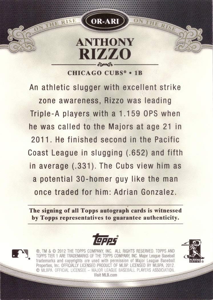 2012 Topps Tier One #OR-ARI Anthony Rizzo Certified Autograph Baseball Card - Only 235 made!