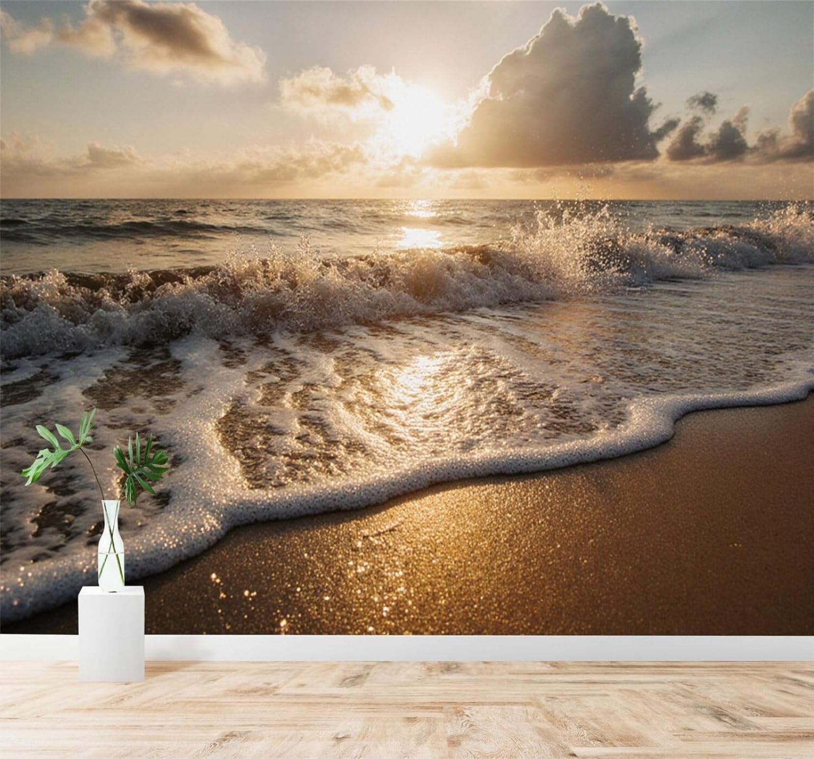 XLMING Golden Sunset Beach Waves Clouds 3D Wallpaper Silky Texture Home Study Office Grey Dining Room Sofa Bedroom Living Room TV Backdrop-250cm×170cm