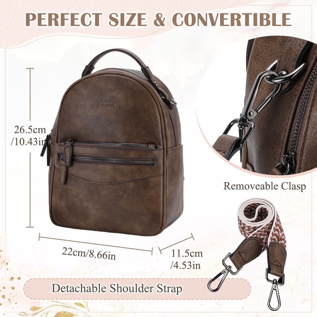 Mini Backpack for Women,RAVUO Small Leather Backpack Purse Fashion Handbag Convertible Ladies Trendy Shoulder Bag for Work,Travel,Coffee - Image 2