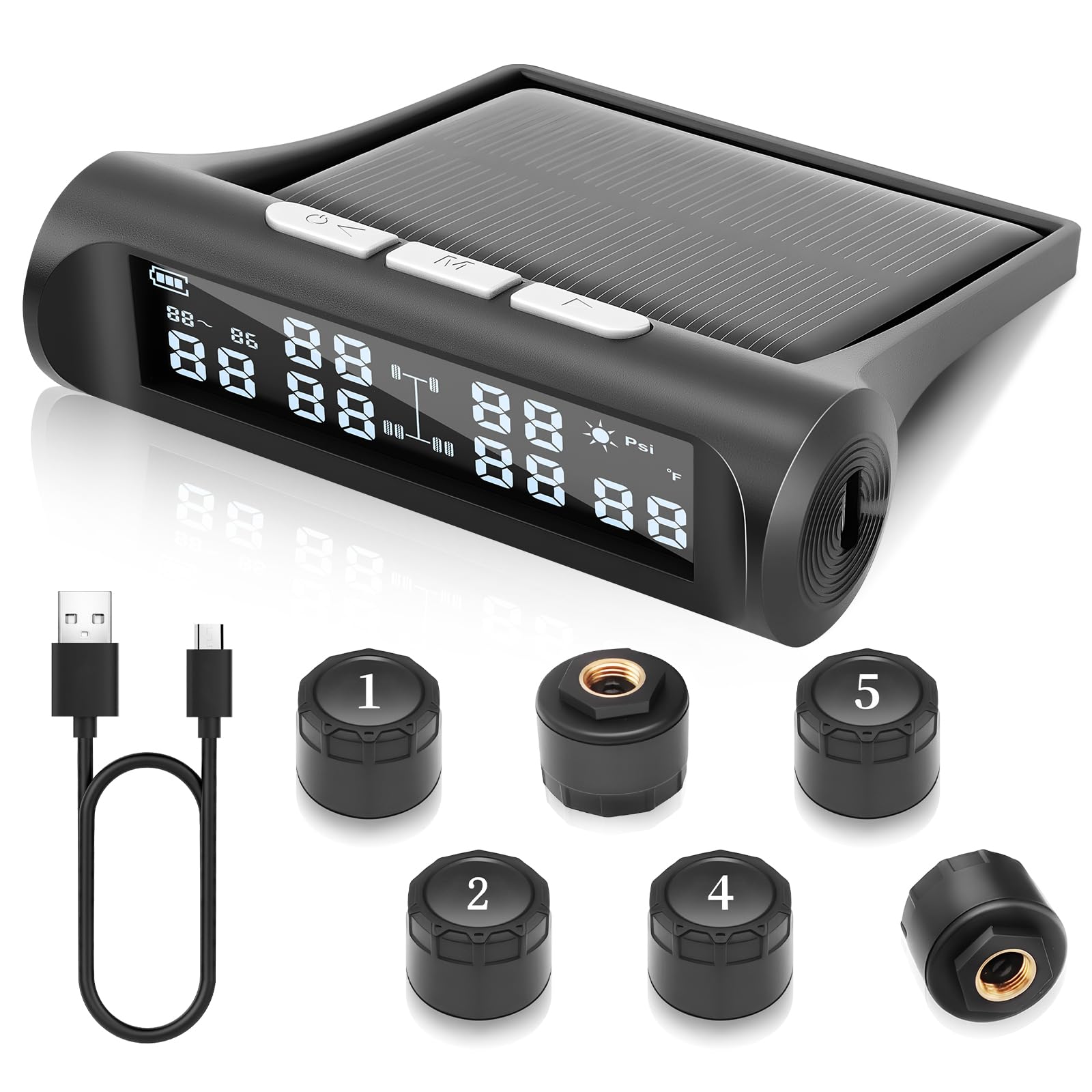 Système de contrôle de pression des pneus solaire pour camping-car avec 6 capteurs externes, système de surveillance de la pression des pneus TPMS sans fil avec mode alarme, 9,9 bar/144 psi