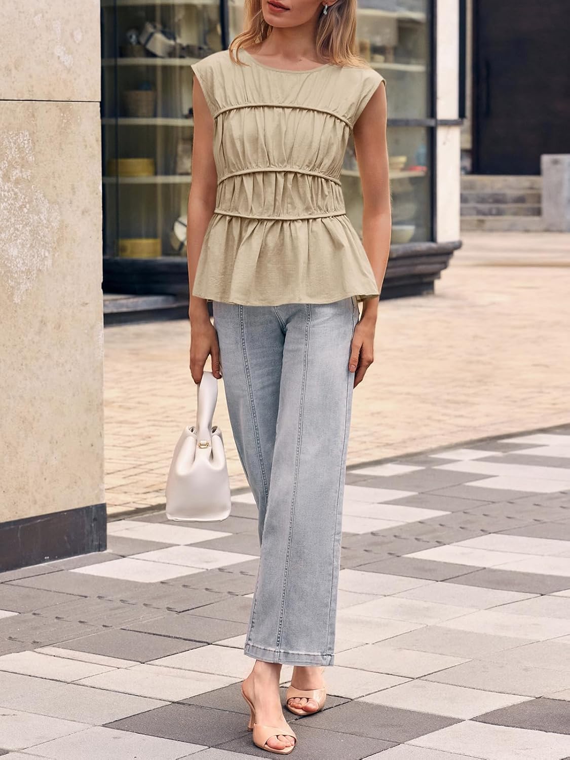 Cicy Bell Womens Cap Sleeve Peplum Tank Tops Summer Babydoll Smocked Cotton Shirts Casual Crew Neck Pleated Blouse - Image 6