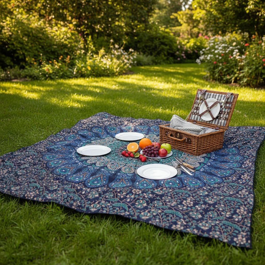 Peacock Mandala Tapestry - Navy Blue Cotton Wall Hanging -8